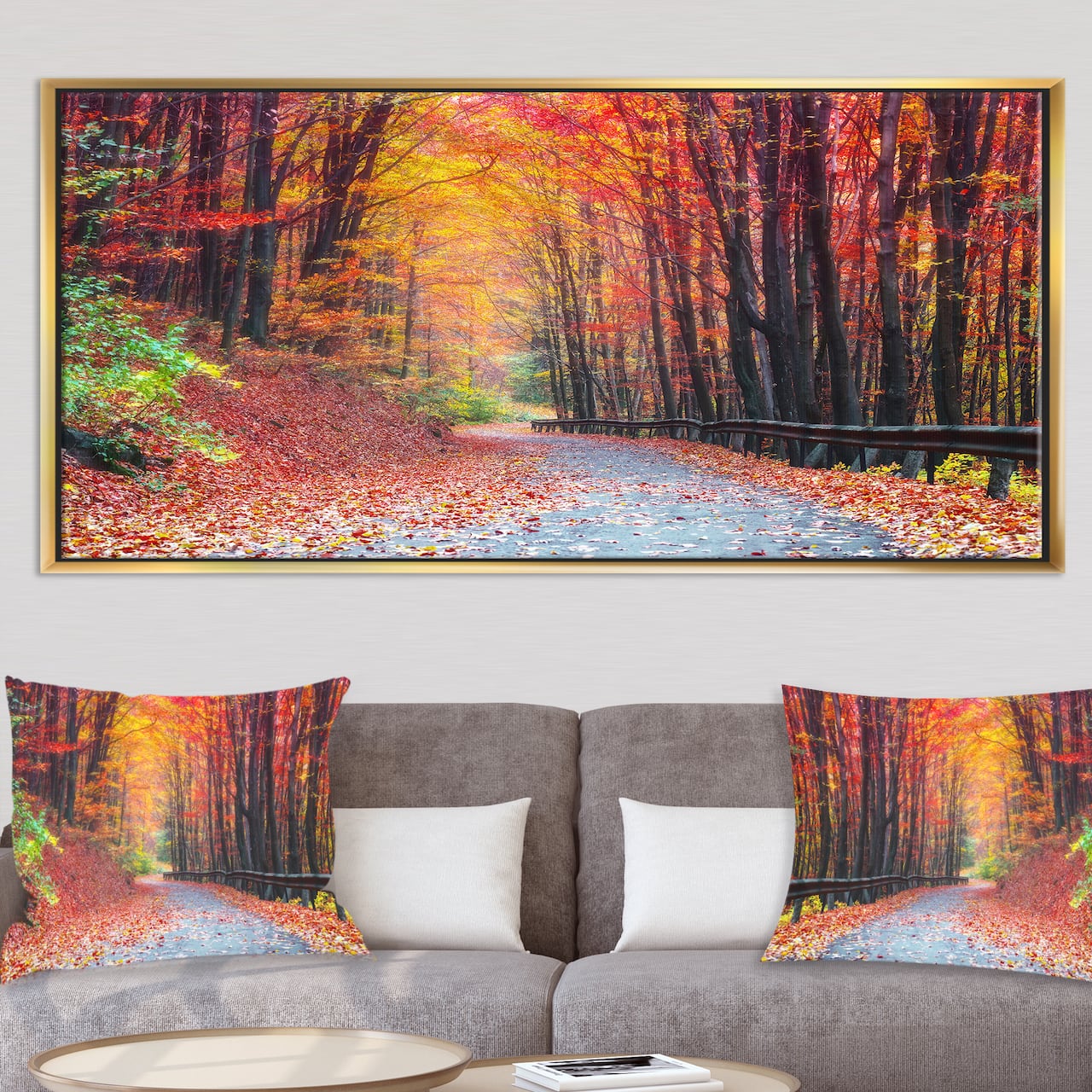 Designart - Road in Beautiful Autumn Forest - Modern Forest Framed Canvas Art